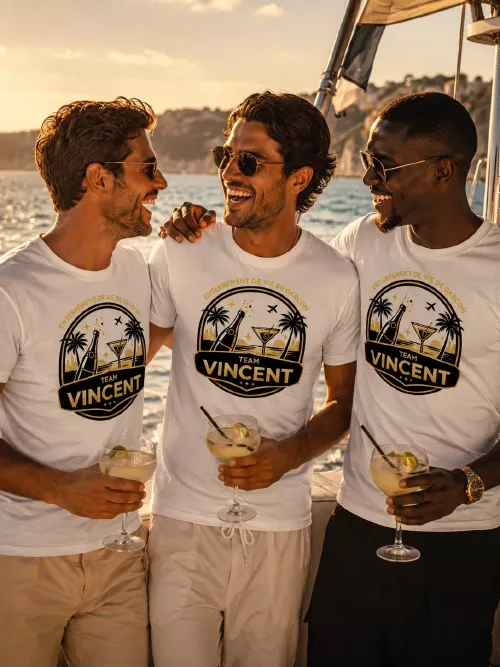 Trois femmes en t-shirts personnalisés « Team Marion » sur un yacht, ambiance EVJF, verres de champagne
