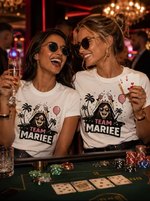 Deux femmes en t-shirts personnalisés « Team Mariée » au casino
